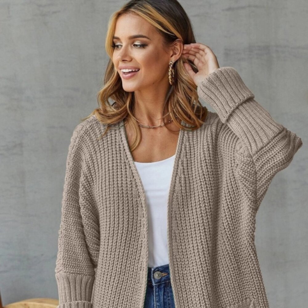 Solid Color Pocket Mid-Length Knitted Cardigan "K… - image 1